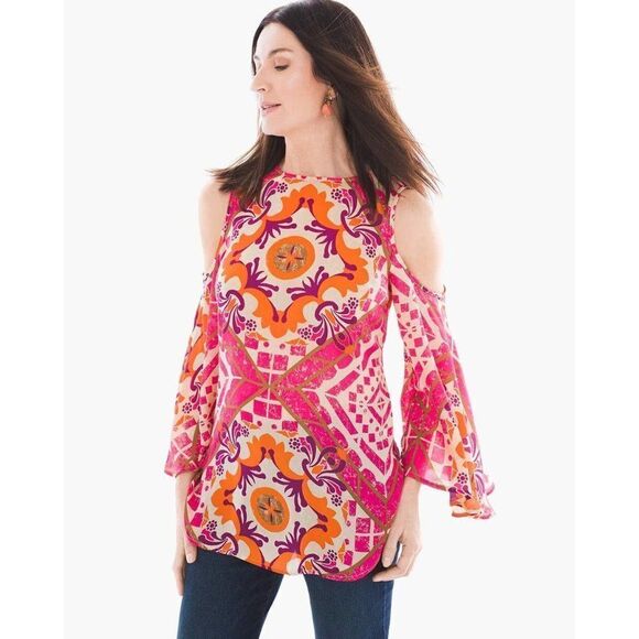 Chico's Vibrant Tiles Cold-Shoulder Top size 2 Large - Picture 1 of 7